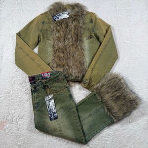 NWT Y2K Olive Denim Fur Trim 2 Piece Set Bratz Rhinestone Studded 2000s Mall Gla